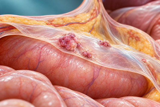AI educational close-up of peritoneal tissue with schematic surface deposits.