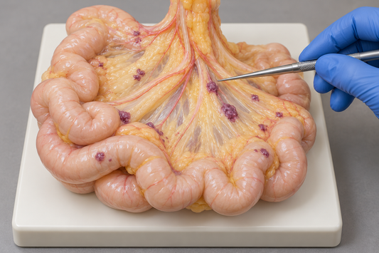 AI educational illustration: Teaching model of bowel and mesentery used to explain surgical resectability assessment.