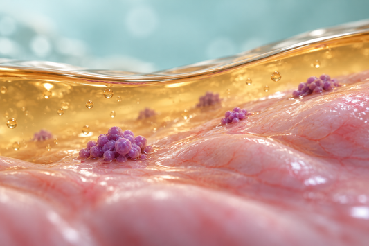 AI educational illustration: Conceptual close-up of chemotherapy solution in contact with a peritoneal surface; not proof of treatment effect.