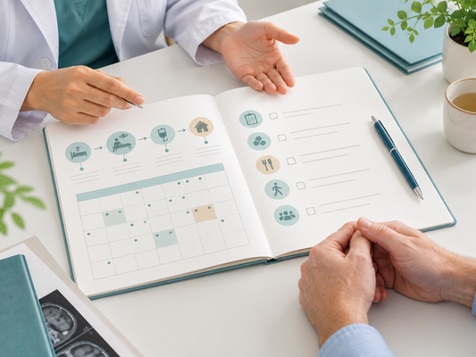 AI educational illustration: Clinician and patient hands reviewing a treatment planning booklet.