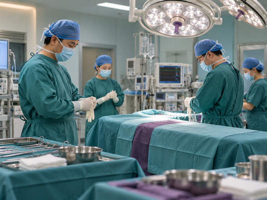 AI educational illustration: Chinese surgical team preparing an operating theatre; fictional scene.