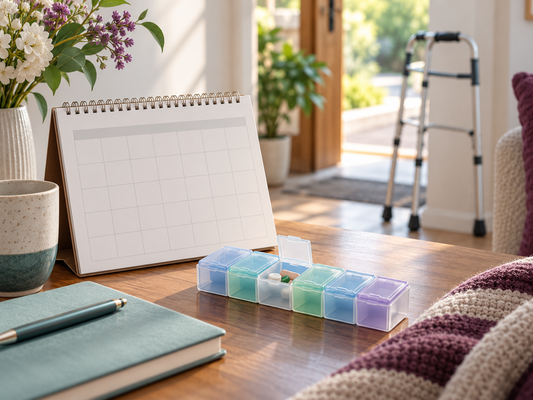 AI educational illustration: Calendar and home support objects representing continuing care.