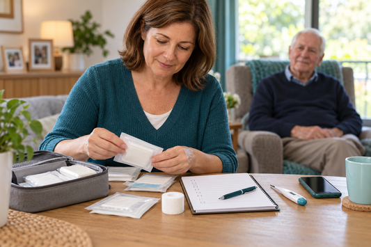 AI educational illustration: Western caregiver preparing supplies and a checklist for support at home.