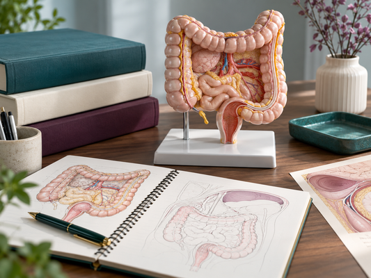 AI educational illustration: Anatomical teaching model and books representing clinical subject expertise.