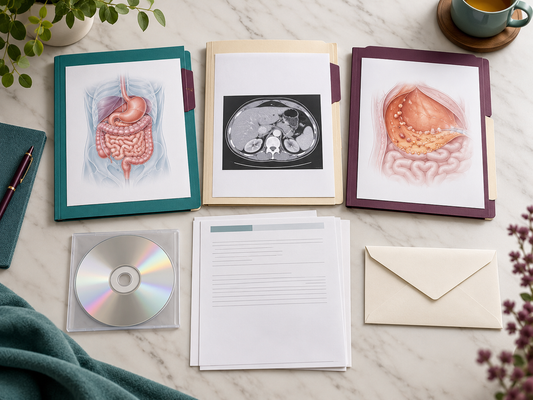 AI educational illustration: Anonymous medical record folders prepared for secure review.