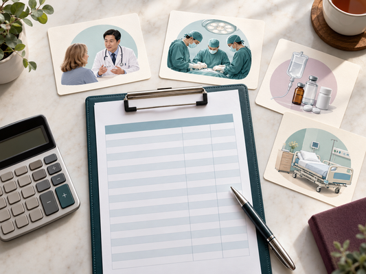 AI educational illustration: Blank estimate sheet and treatment component cards illustrating cost planning.