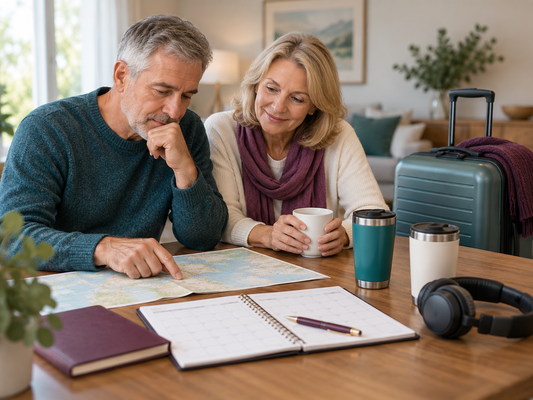 AI educational illustration: Western couple planning travel with a suitcase and calendar.
