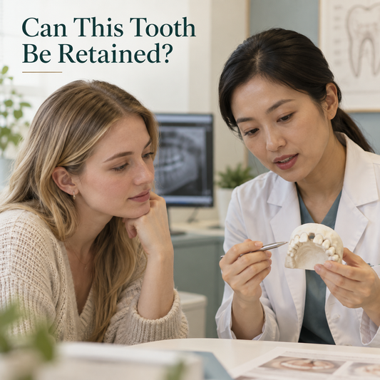 A foreign patient identifies an unerupted tooth concern. Educational illustration.