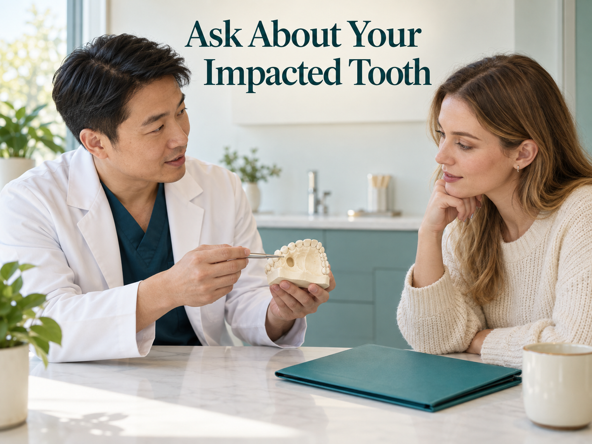 A Chinese orthodontist discusses traction with a foreign patient. Educational illustration.