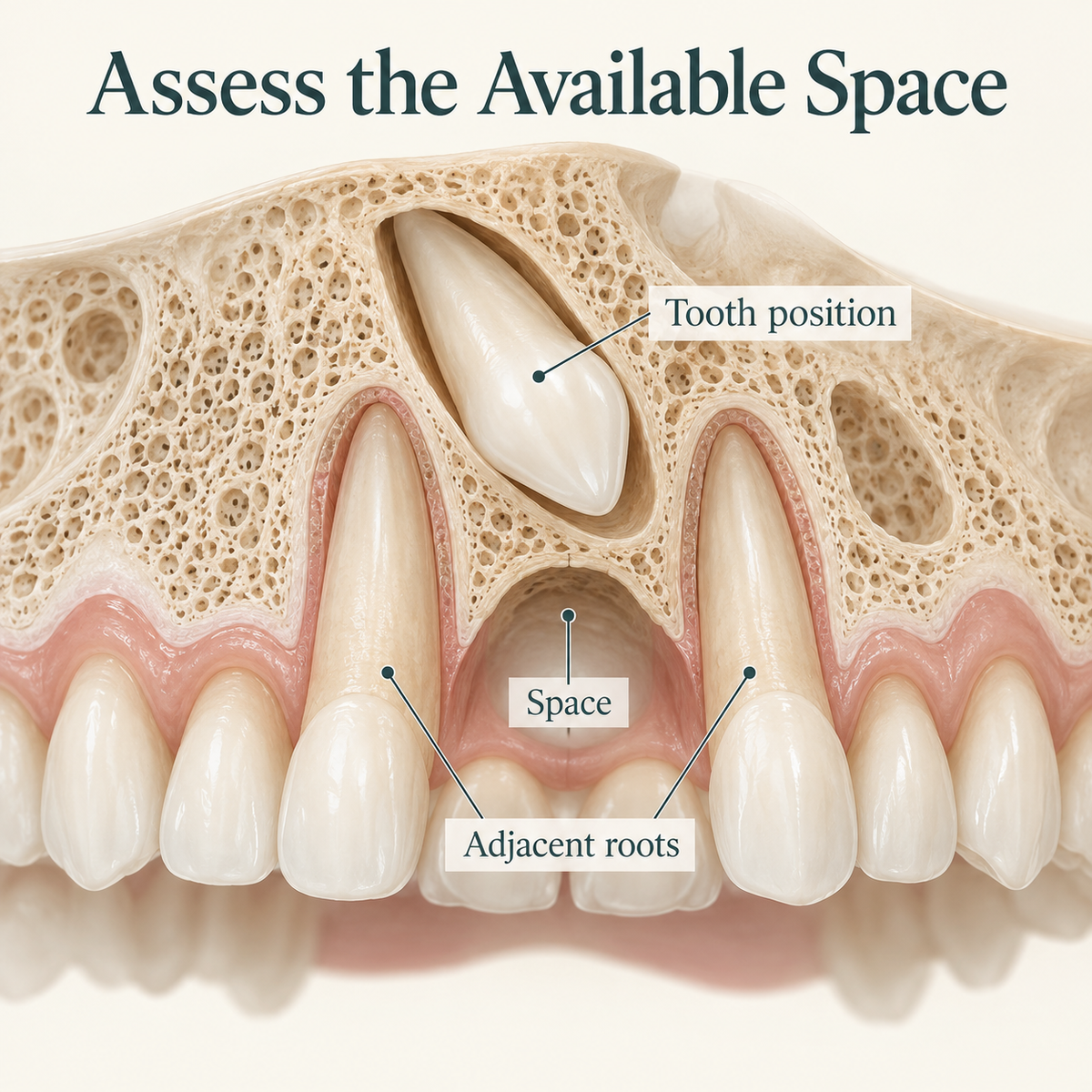 Space and neighbouring roots inform the assessment. Educational illustration.