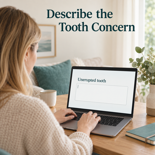 An initial inquiry describes the unerupted tooth. Educational illustration.