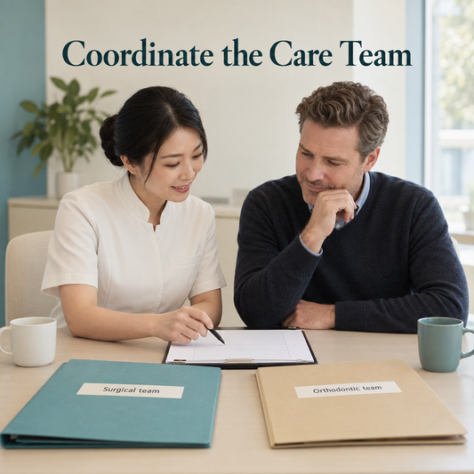 Care coordination links surgery and orthodontics. Educational illustration.