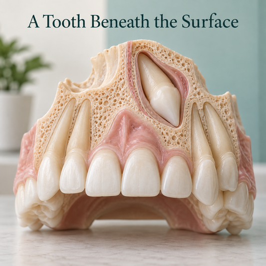 An impacted tooth remains beneath gum or bone. Educational illustration.