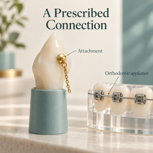 An attachment may link the tooth to an orthodontic appliance. Educational illustration.