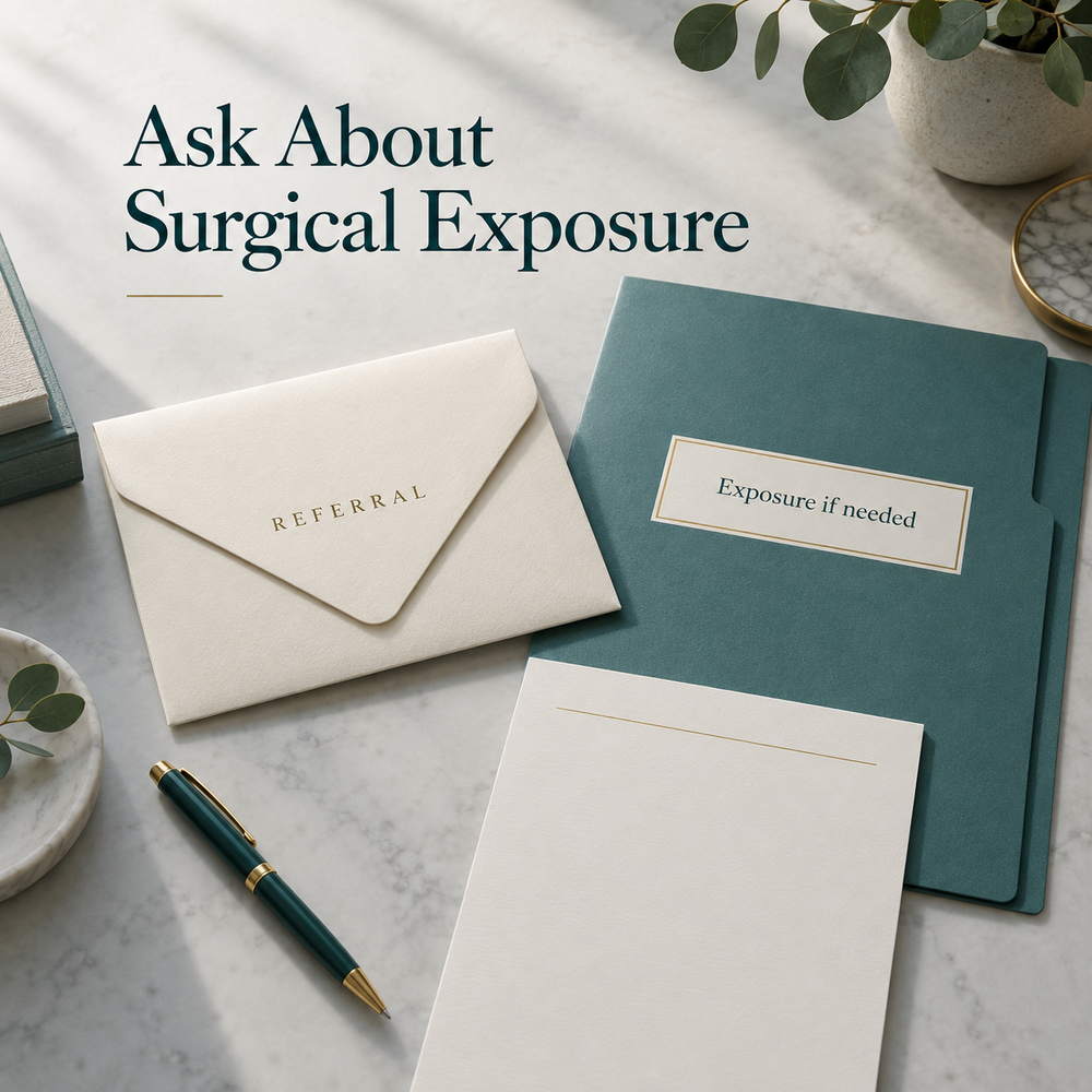 Surgical exposure is a component to confirm. Educational illustration.