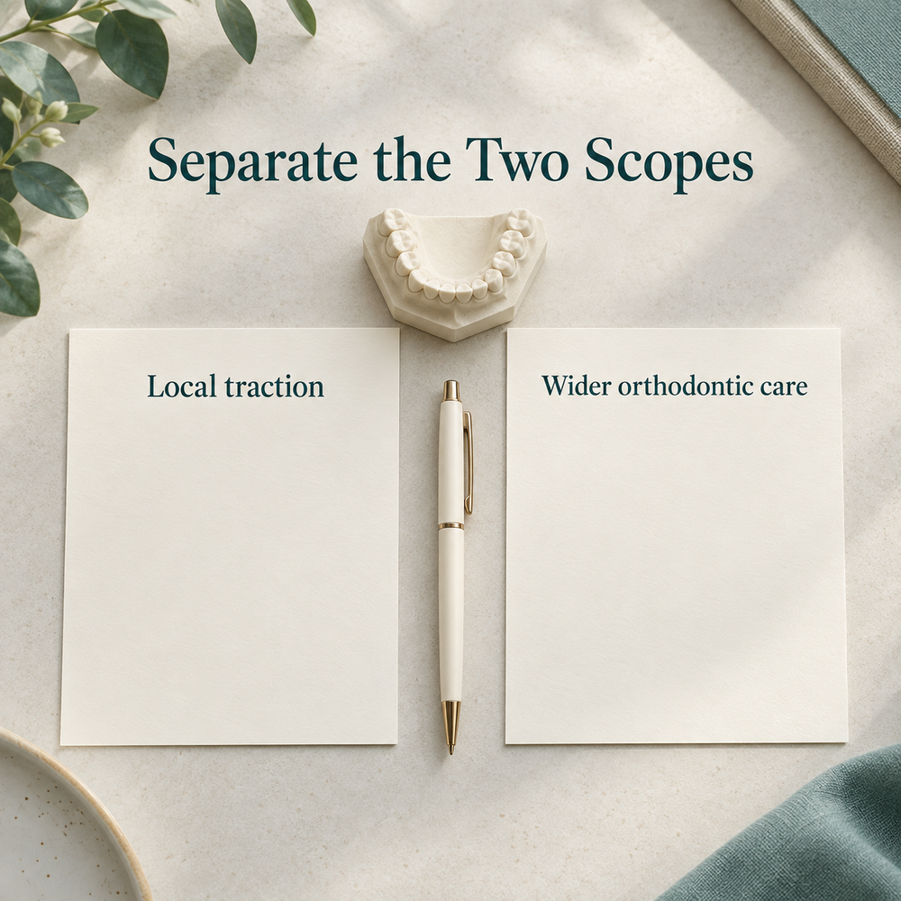 Local traction and base orthodontic care are separate scope questions. Educational illustration.