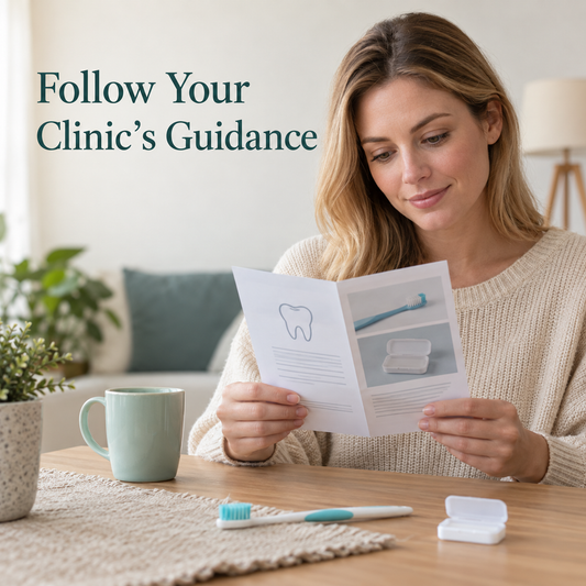 The patient follows the clinic’s individual care instructions. Educational illustration.