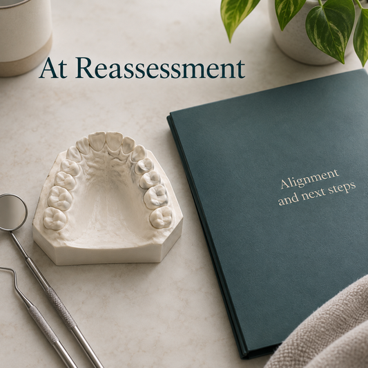 The wider bite plan is reconsidered at reassessment. Educational illustration.