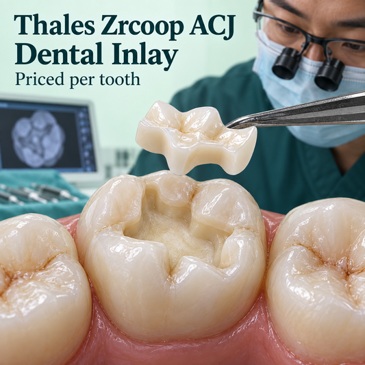 Custom inlay aligned over a local defect in a natural molar. Educational illustration.