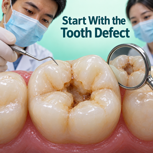 Local biting-surface defect assessed for restoration. Educational illustration.