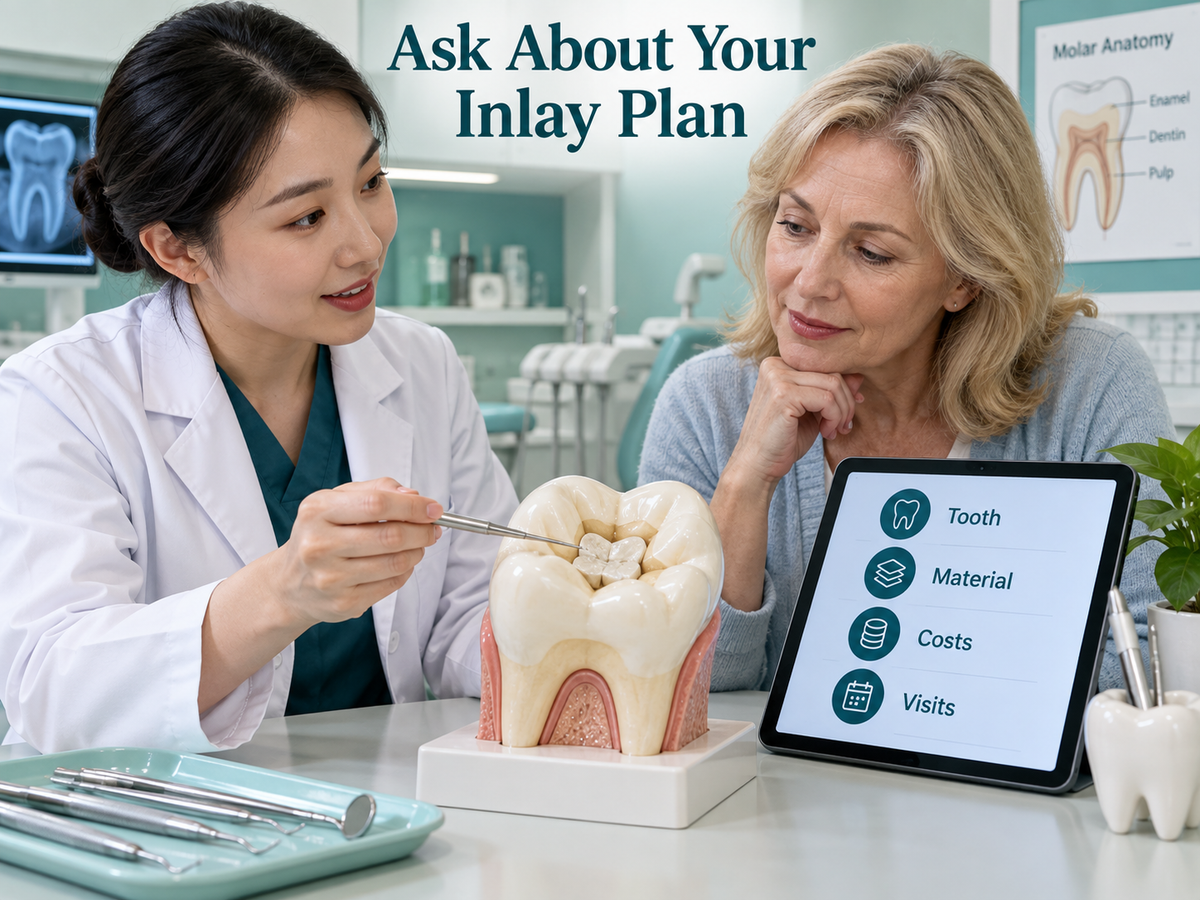 Chinese dentist discusses an inlay design and treatment questions. Educational illustration.