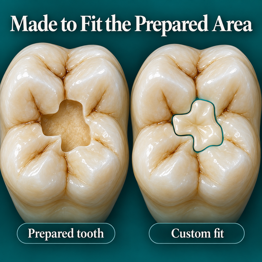 An inlay fits within a prepared area while surrounding cusps remain. Educational illustration.
