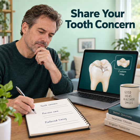 Patient prepares questions about the damaged tooth at home. Educational illustration.