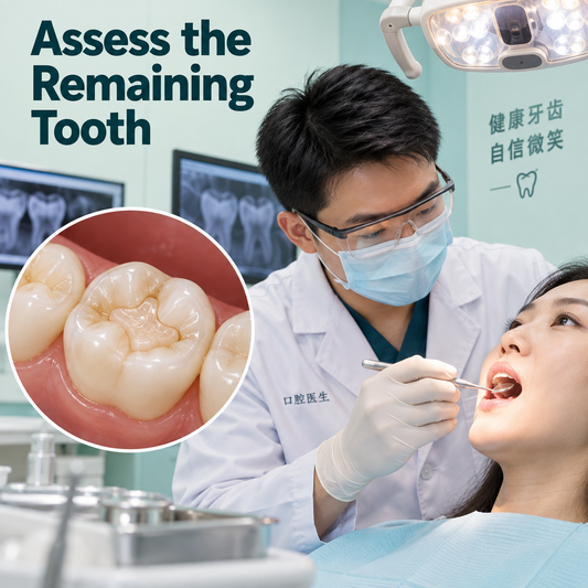 Chinese dentist examines a patient’s tooth before planning an inlay. Educational illustration.