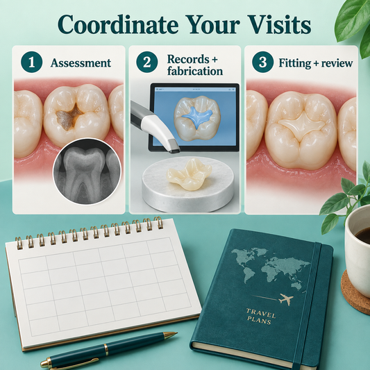 Appointment stages are coordinated before travel. Educational illustration.