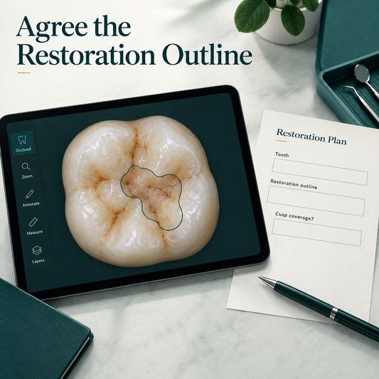 The restorative outline follows the tooth defect and cusp assessment. Educational illustration.