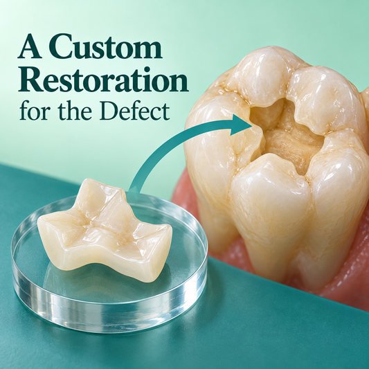 A custom inlay is distinct from the natural tooth that receives it. Educational illustration.