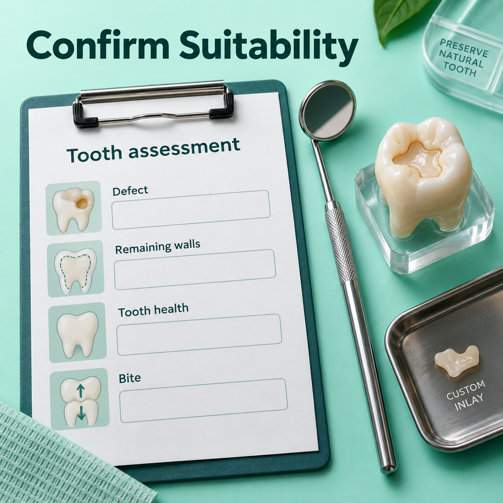 Tooth assessment document records defect, structure and bite. Educational illustration.