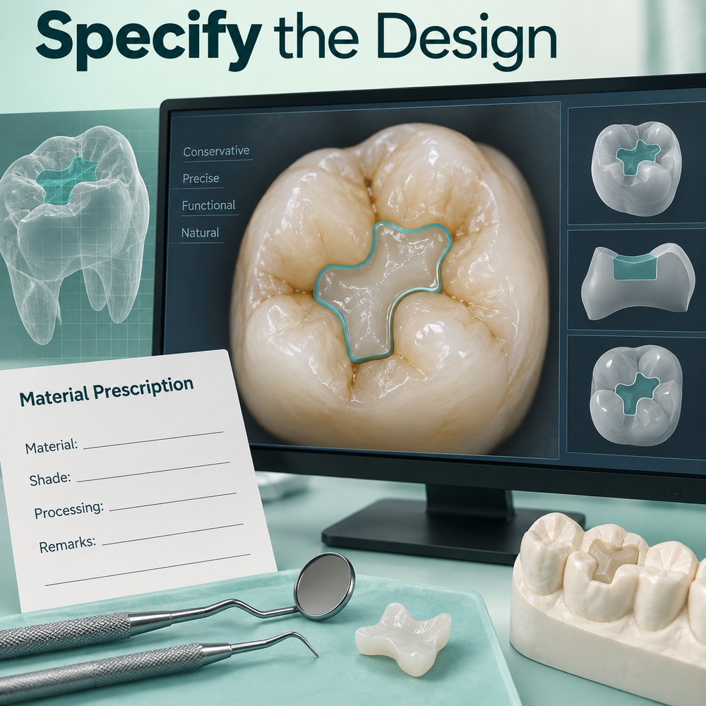 Inlay design specifies its outline and material. Educational illustration.