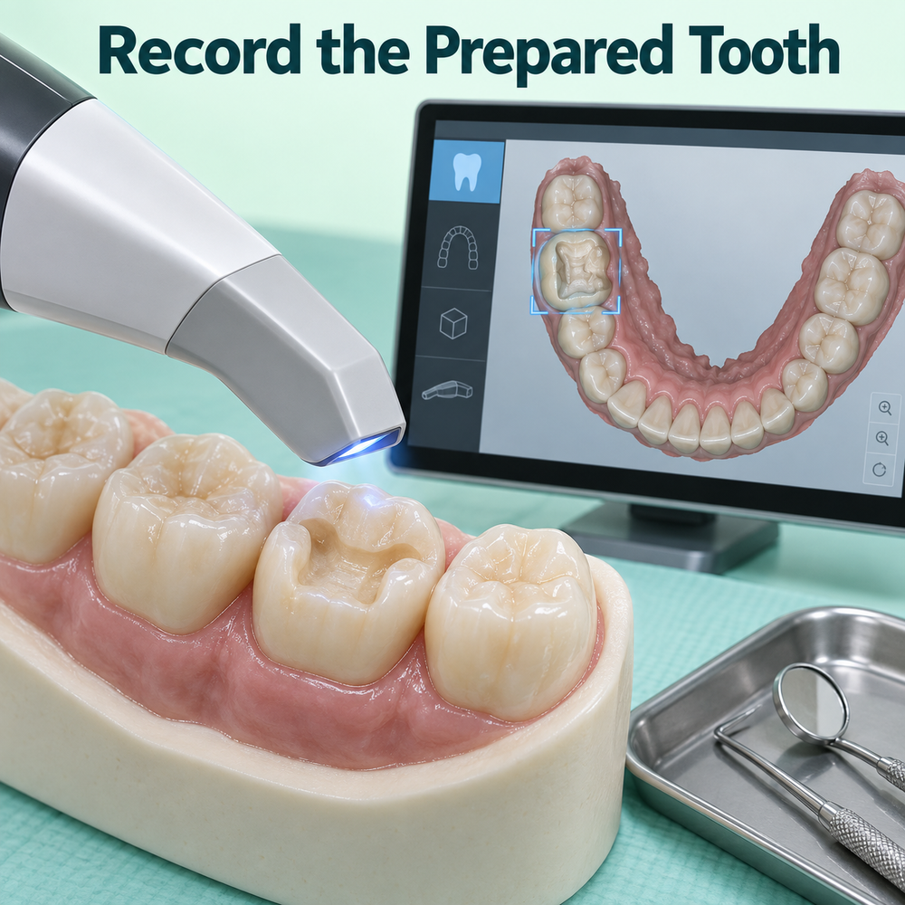 Digital scan records a prepared tooth for indirect restoration. Educational illustration.