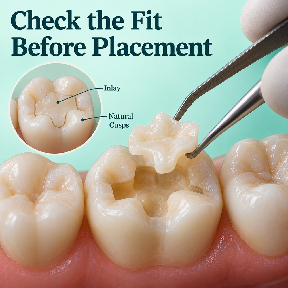 Inlay try-in checks fit before definitive placement. Educational illustration.