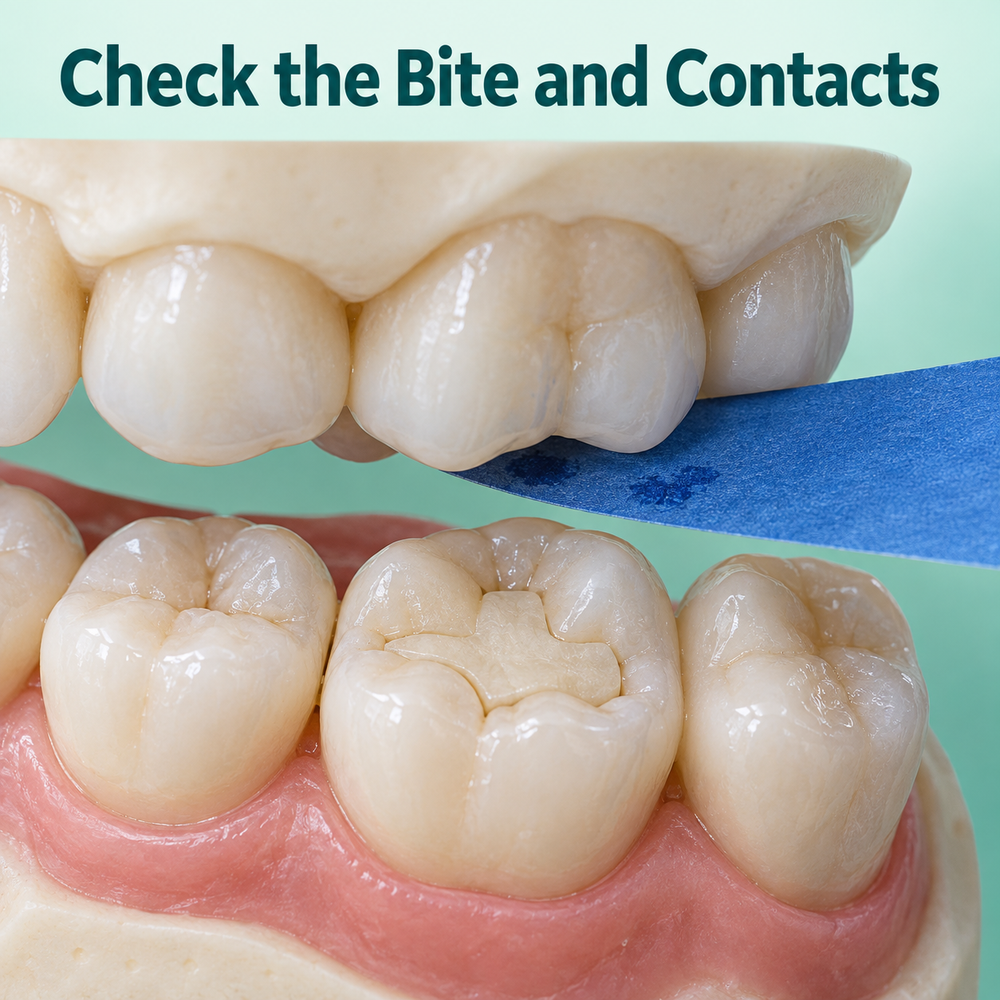 Bite contact is checked after fitting an inlay. Educational illustration.