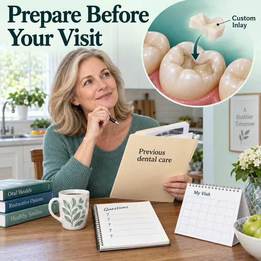 Patient gathers treatment history and questions before assessment. Educational illustration.