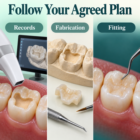 The inlay workflow connects records, fabrication and fitting. Educational illustration.