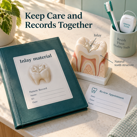 Inlay maintenance includes cleaning, reviews and retained records. Educational illustration.