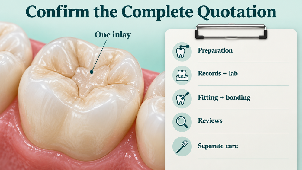 One inlay and other clinical services are separately specified in a quote. Educational illustration.