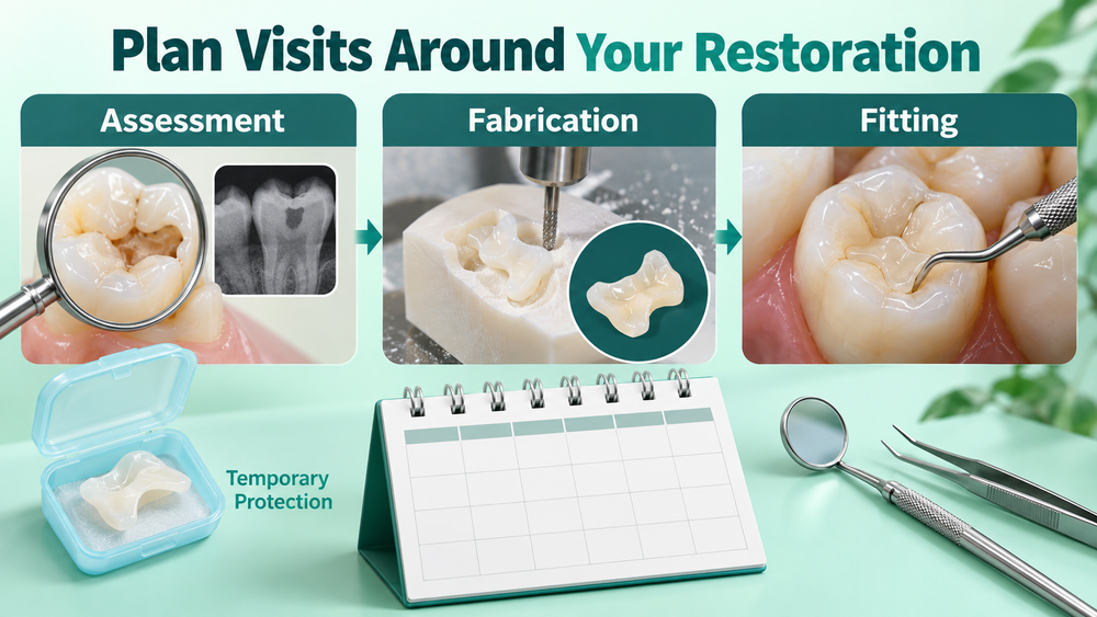 The clinical plan determines inlay appointments and temporary protection. Educational illustration.