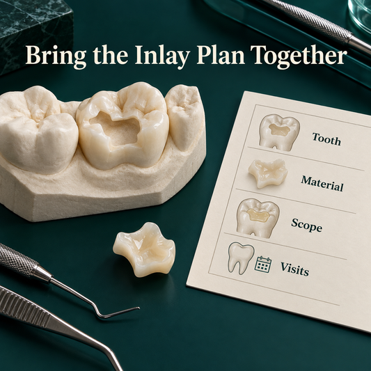 A complete inlay plan connects the defect, specification and service scope. Educational illustration.