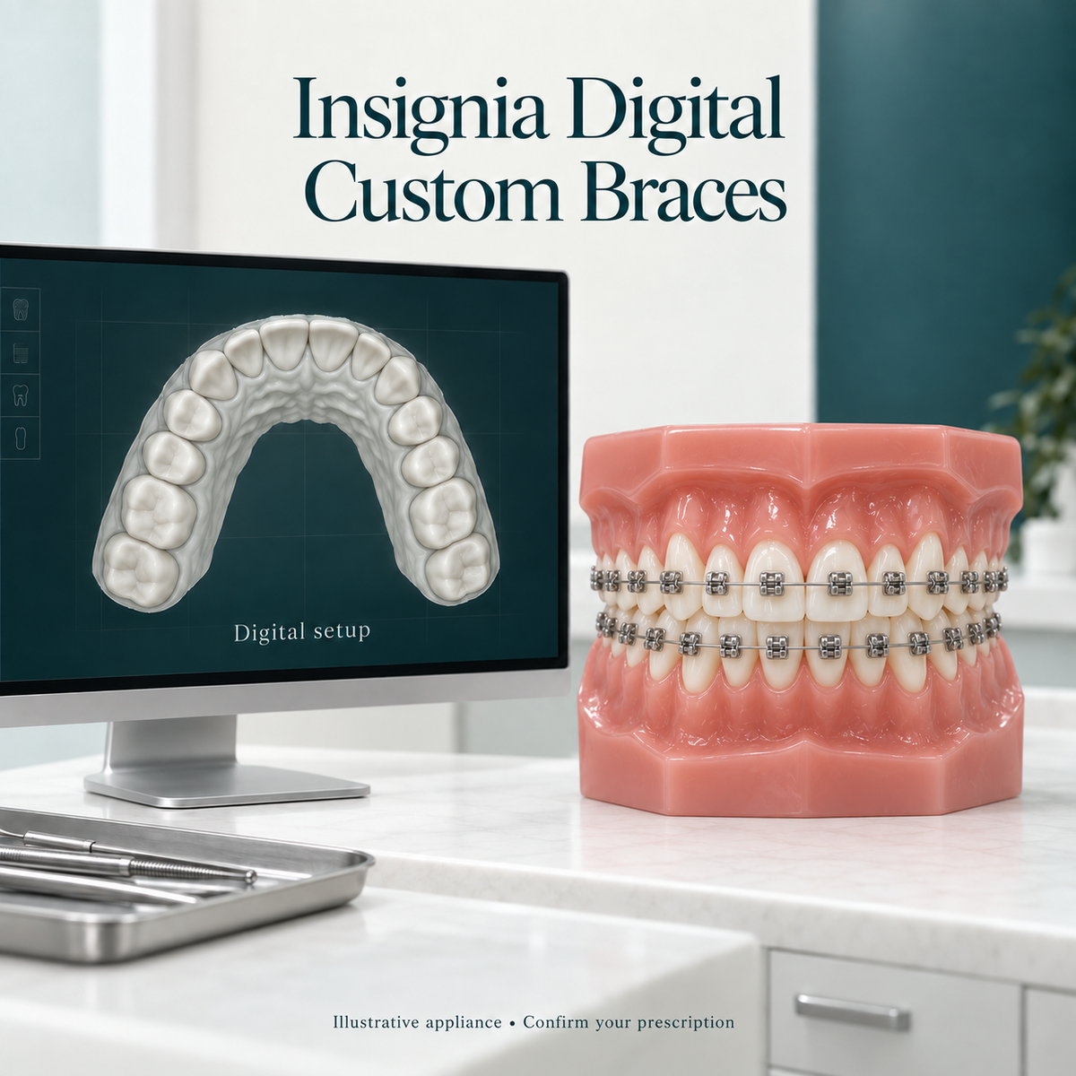 Digital planning and fixed brackets are connected in the Insignia treatment concept. Educational illustration.
