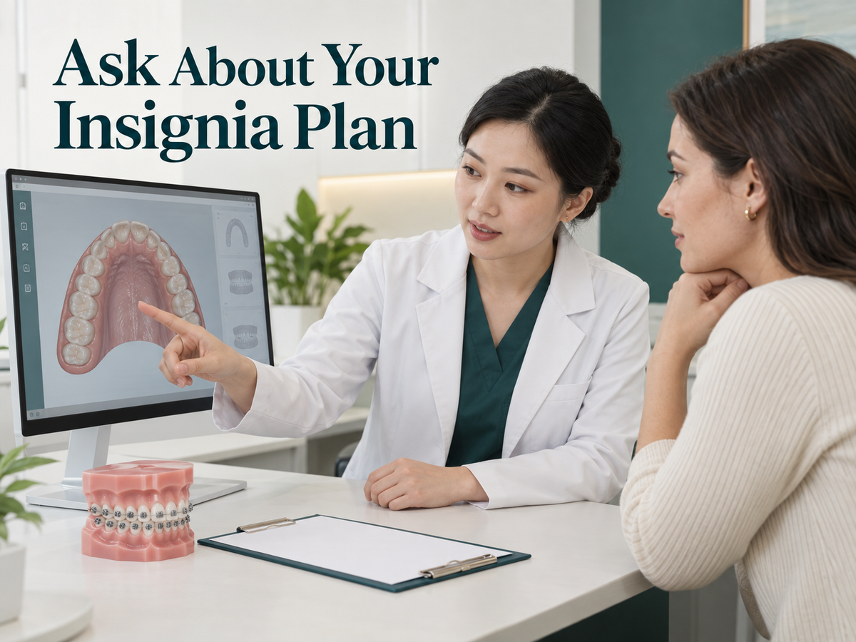 A Chinese orthodontist explains a digital plan and fixed appliance. Educational illustration.