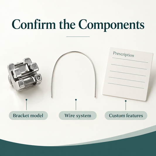 The prescribed bracket, archwire and customisation scope require confirmation. Educational illustration.