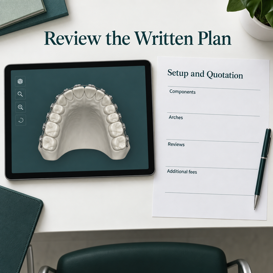 The digital setup and written quotation are reviewed together. Educational illustration.