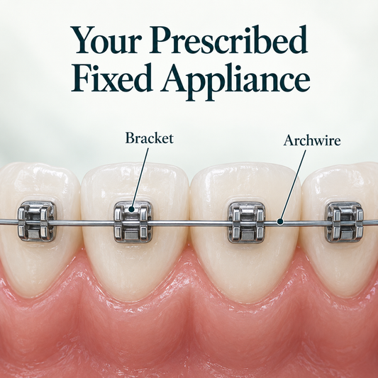 Brackets and archwire form the prescribed fixed appliance. Educational illustration.