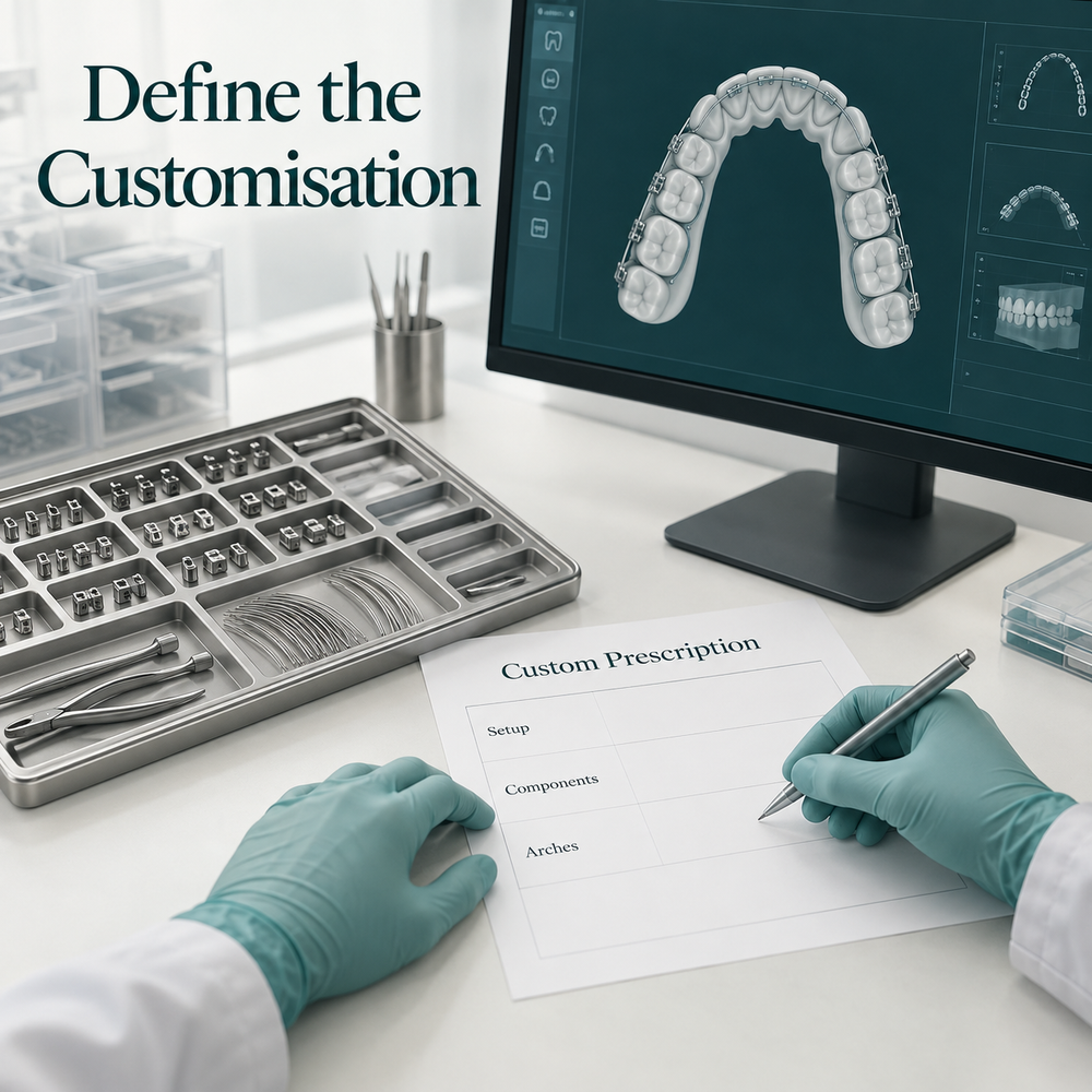 Digital setup and custom component scope are written into the prescription. Educational illustration.
