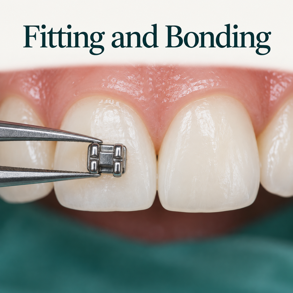 Fitting uses the prescribed bonding method and any required placement guides. Educational illustration.