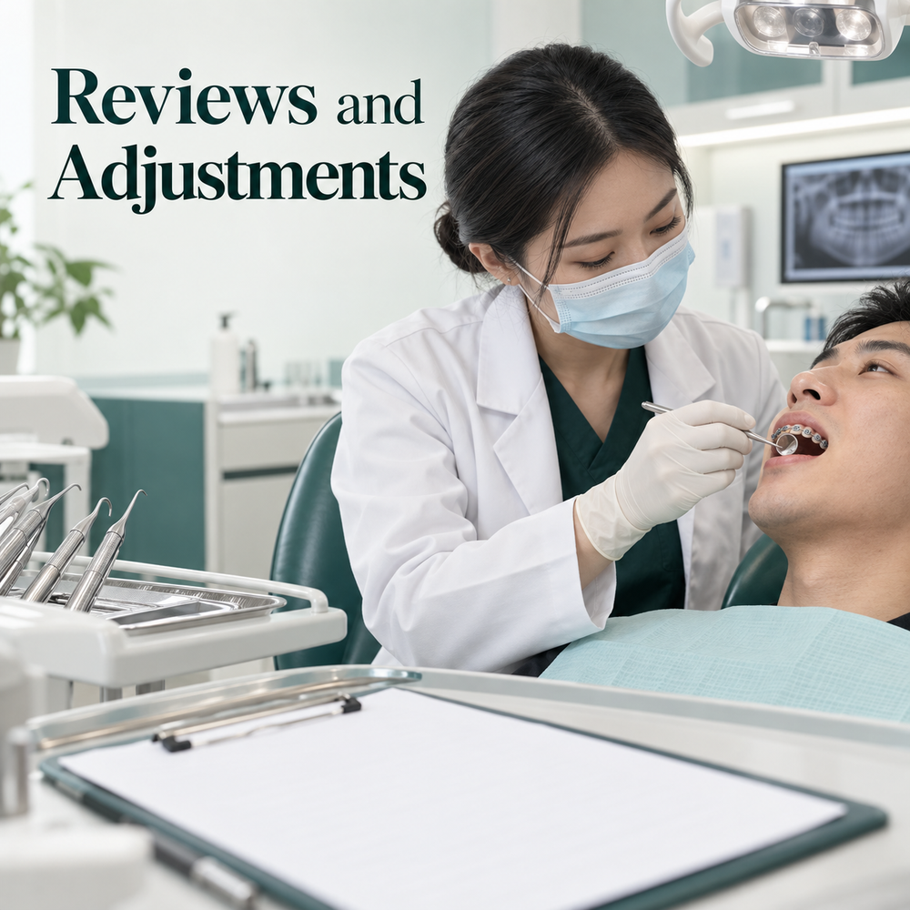 Review visits assess the appliance and planned adjustments. Educational illustration.